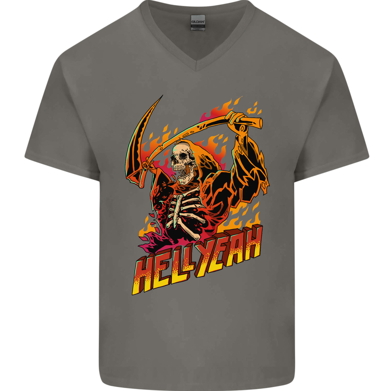 Hell Yeah Grim Reaper Skull Heavy Metal Mens V-Neck Cotton T-Shirt Charcoal