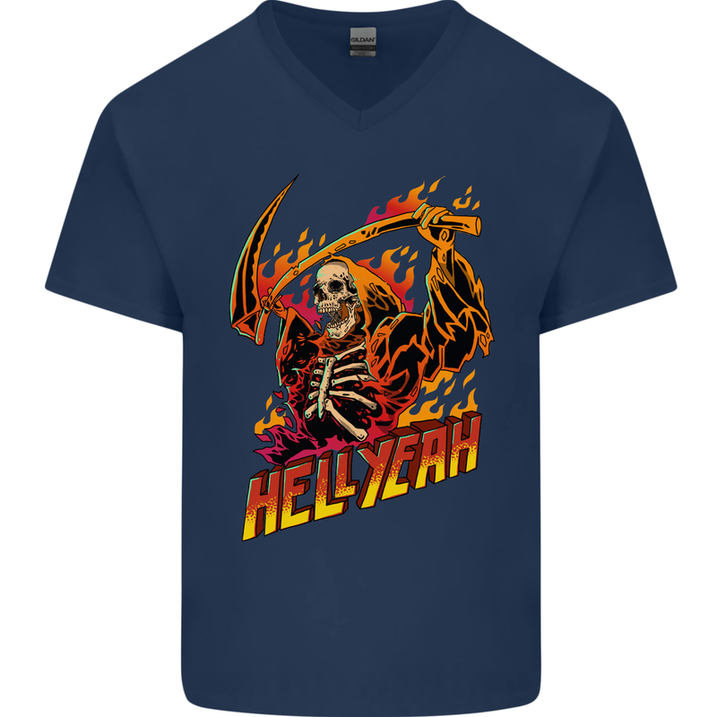Hell Yeah Grim Reaper Skull Heavy Metal Mens V-Neck Cotton T-Shirt Navy Blue