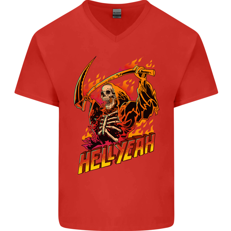 Hell Yeah Grim Reaper Skull Heavy Metal Mens V-Neck Cotton T-Shirt Red