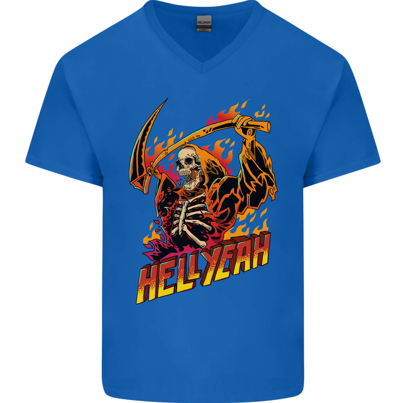 Hell Yeah Grim Reaper Skull Heavy Metal Mens V-Neck Cotton T-Shirt Royal Blue