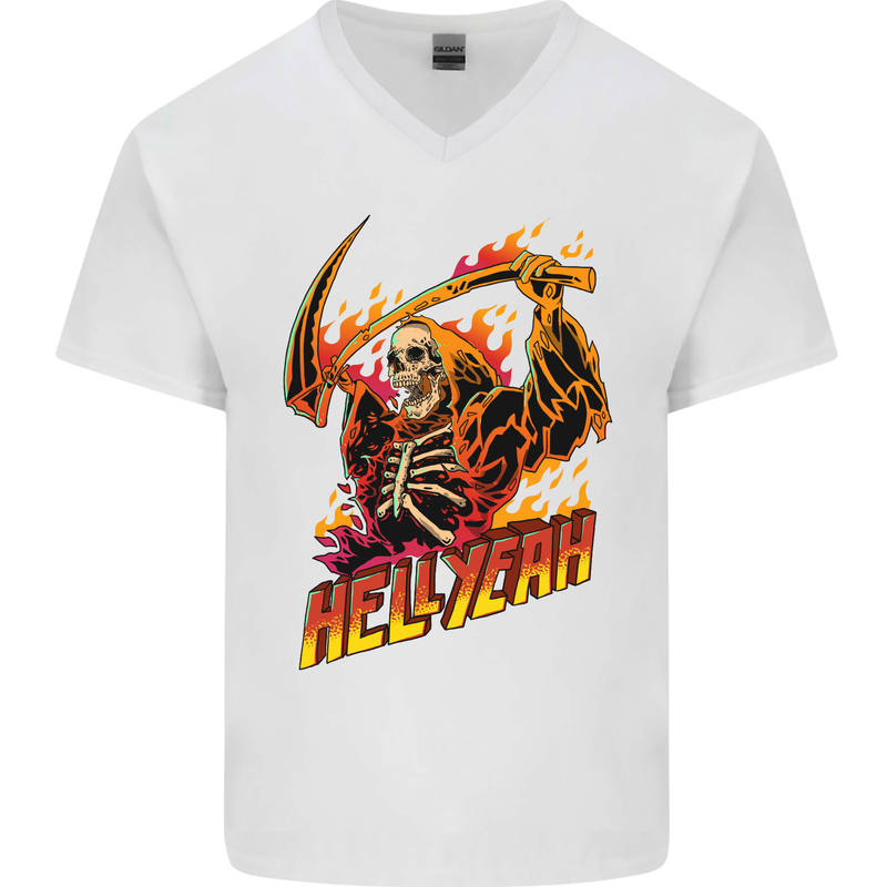 Hell Yeah Grim Reaper Skull Heavy Metal Mens V-Neck Cotton T-Shirt White