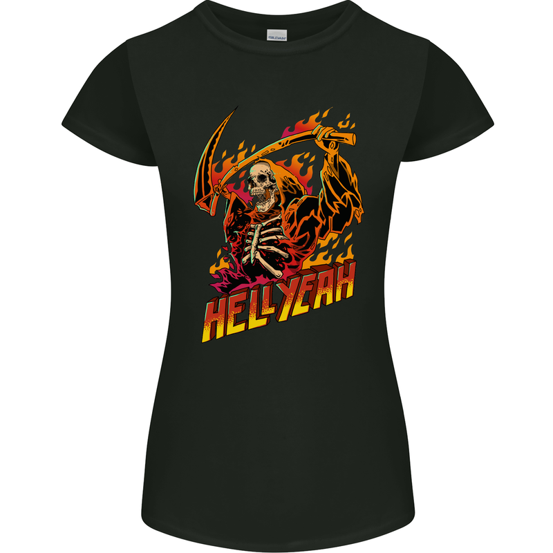 Hell Yeah Grim Reaper Skull Heavy Metal Womens Petite Cut T-Shirt Black