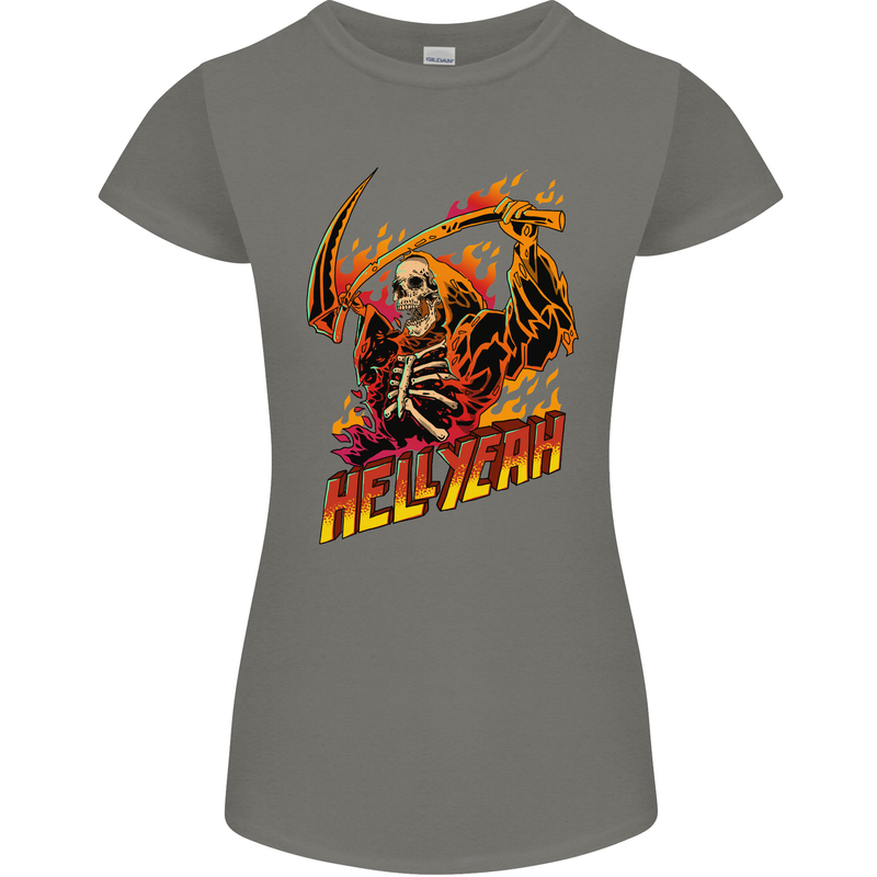 Hell Yeah Grim Reaper Skull Heavy Metal Womens Petite Cut T-Shirt Charcoal
