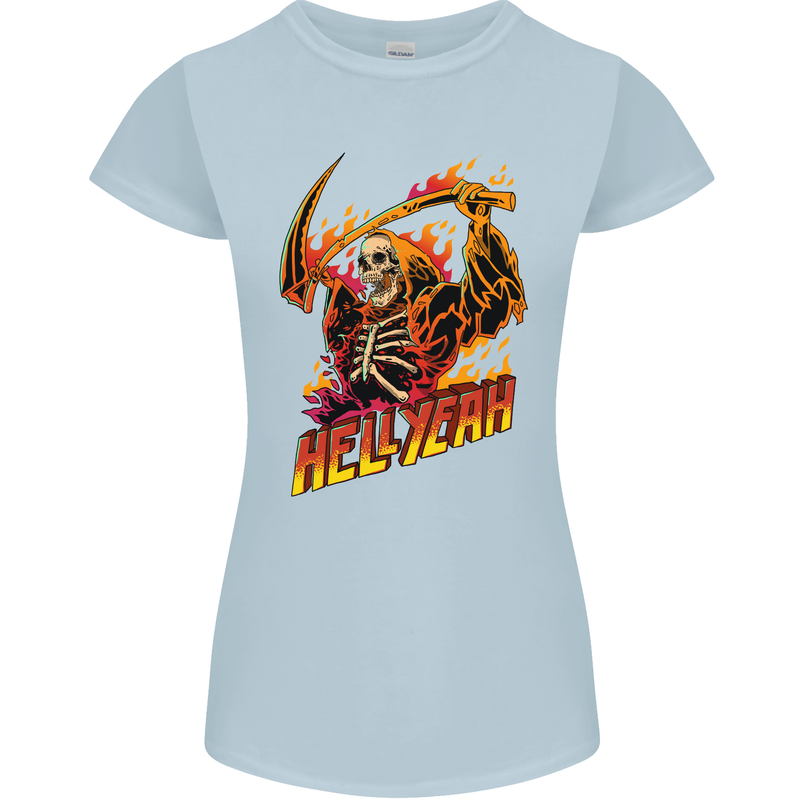 Hell Yeah Grim Reaper Skull Heavy Metal Womens Petite Cut T-Shirt Light Blue