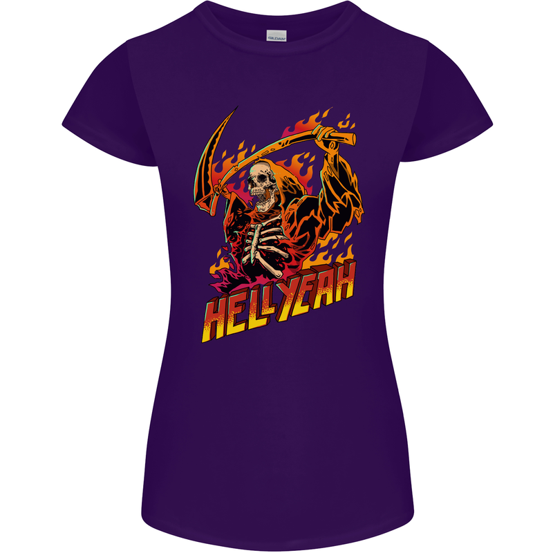 Hell Yeah Grim Reaper Skull Heavy Metal Womens Petite Cut T-Shirt Purple