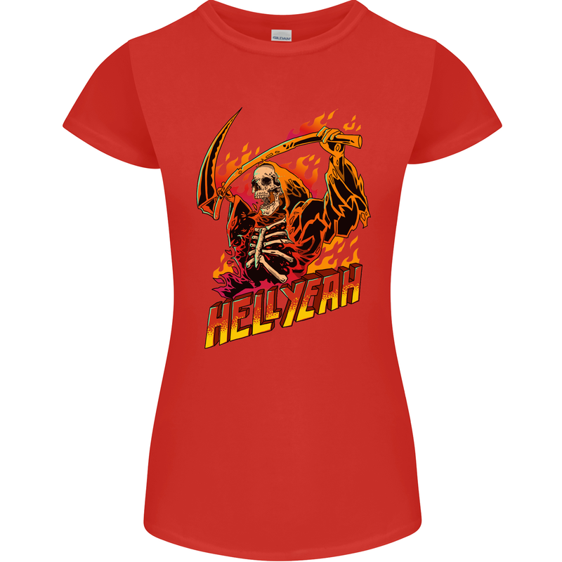 Hell Yeah Grim Reaper Skull Heavy Metal Womens Petite Cut T-Shirt Red