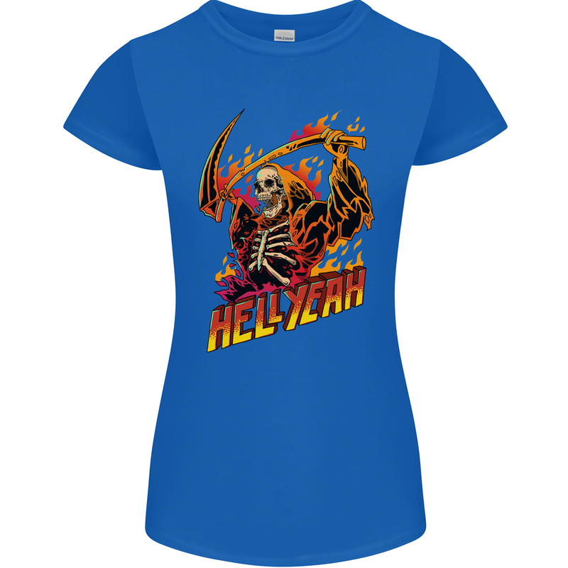 Hell Yeah Grim Reaper Skull Heavy Metal Womens Petite Cut T-Shirt Royal Blue