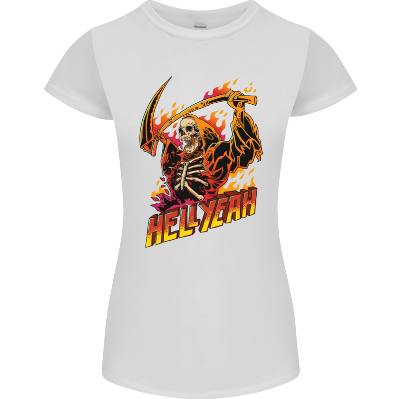 Hell Yeah Grim Reaper Skull Heavy Metal Womens Petite Cut T-Shirt White