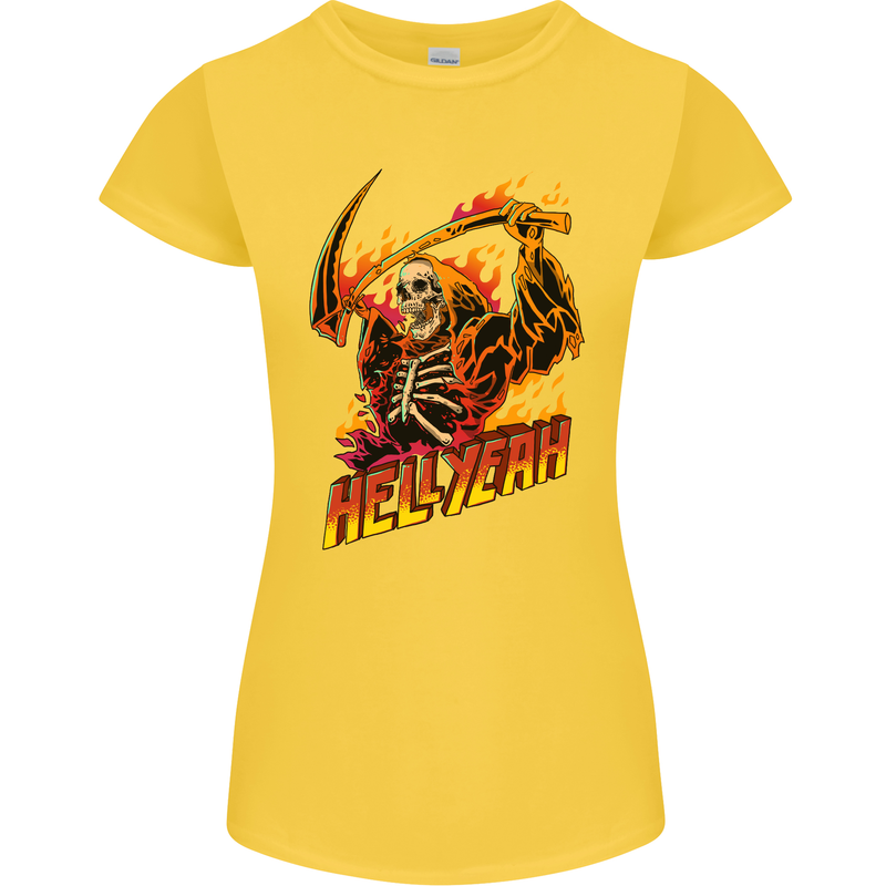 Hell Yeah Grim Reaper Skull Heavy Metal Womens Petite Cut T-Shirt Yellow