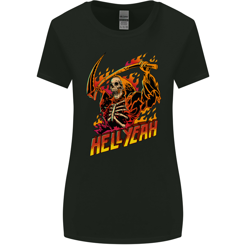 Hell Yeah Grim Reaper Skull Heavy Metal Womens Wider Cut T-Shirt Black