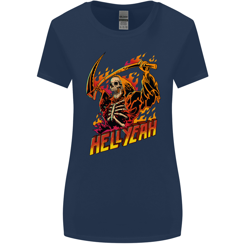 Hell Yeah Grim Reaper Skull Heavy Metal Womens Wider Cut T-Shirt Navy Blue