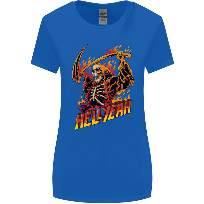 Hell Yeah Grim Reaper Skull Heavy Metal Womens Wider Cut T-Shirt Royal Blue
