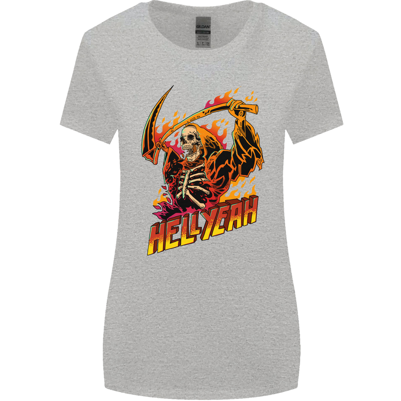 Hell Yeah Grim Reaper Skull Heavy Metal Womens Wider Cut T-Shirt Sports Grey