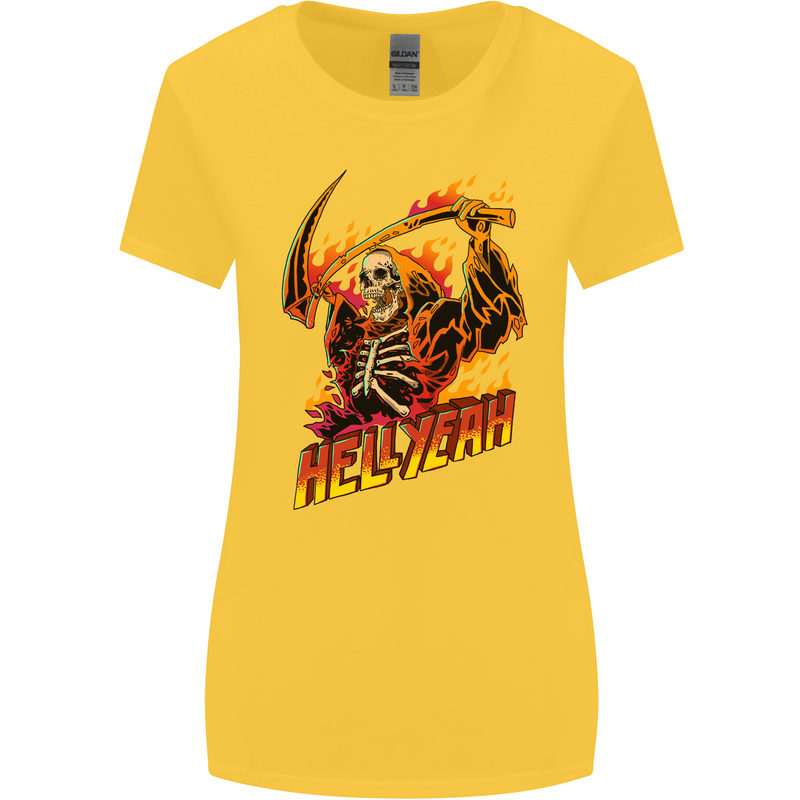 Hell Yeah Grim Reaper Skull Heavy Metal Womens Wider Cut T-Shirt Yellow