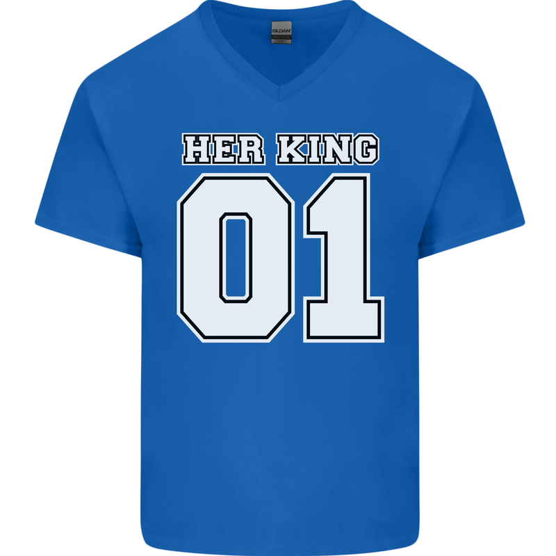 Her King Funny Wedding Anniversary Mens V-Neck Cotton T-Shirt Royal Blue