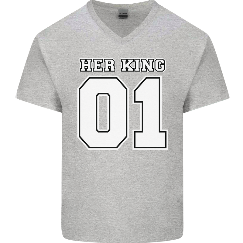 Her King Funny Wedding Anniversary Mens V-Neck Cotton T-Shirt Sports Grey