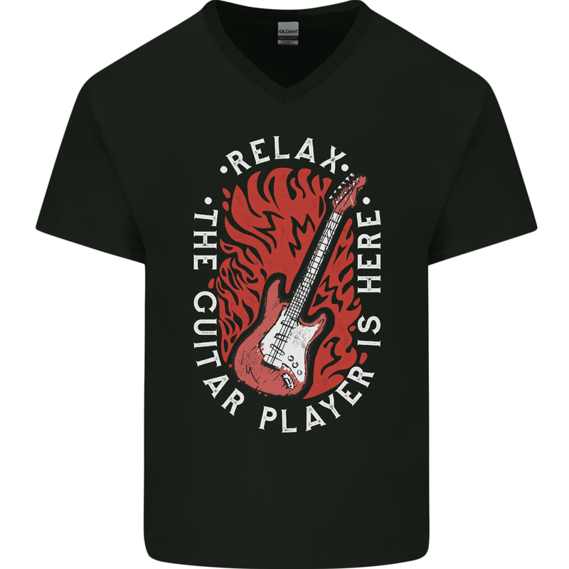 Here Comes the Guitar Player Guitarist Mens V-Neck Cotton T-Shirt Black