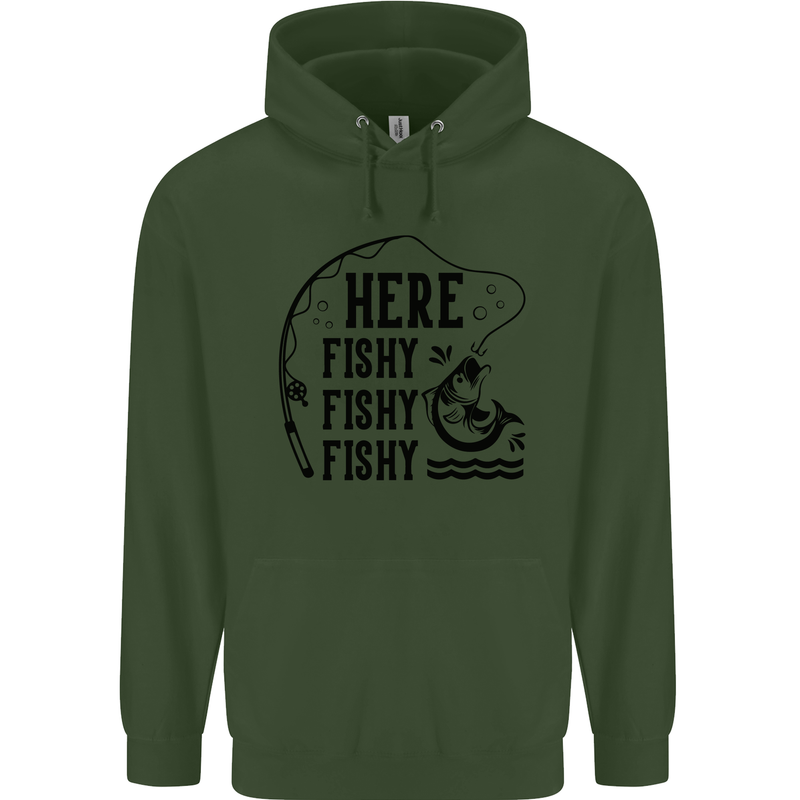 Here Fishy Fishy Funny Fishing Fisherman Childrens Kids Hoodie Forest Green