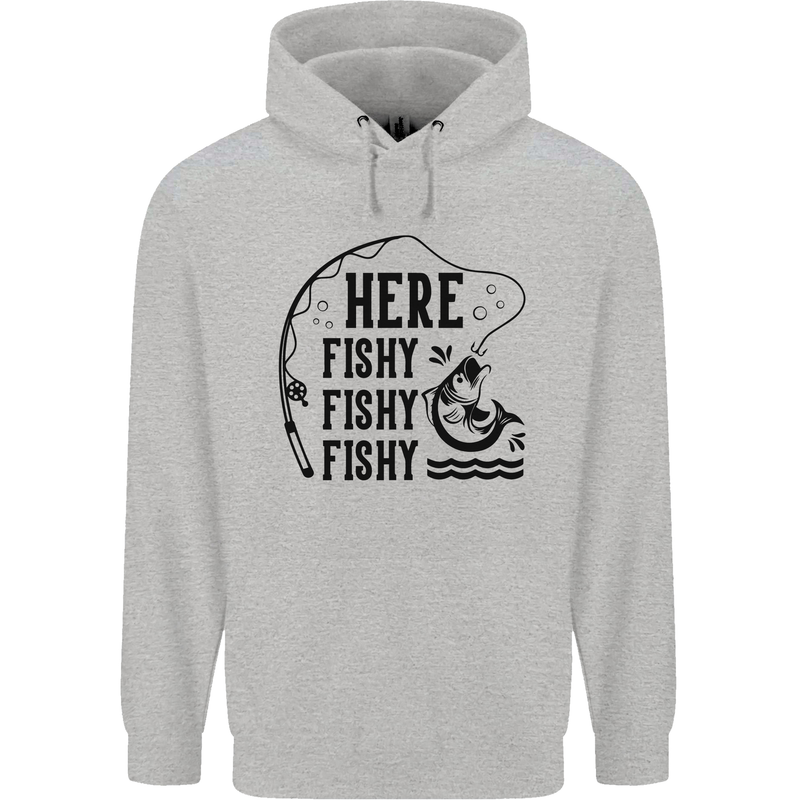 Here Fishy Fishy Funny Fishing Fisherman Childrens Kids Hoodie Sports Grey