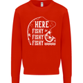 Here Fishy Fishy Funny Fishing Fisherman Kids Sweatshirt Jumper Bright Red