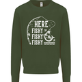 Here Fishy Fishy Funny Fishing Fisherman Kids Sweatshirt Jumper Forest Green