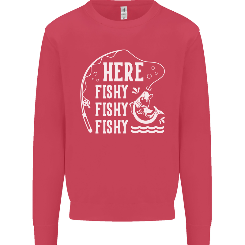 Here Fishy Fishy Funny Fishing Fisherman Kids Sweatshirt Jumper Heliconia