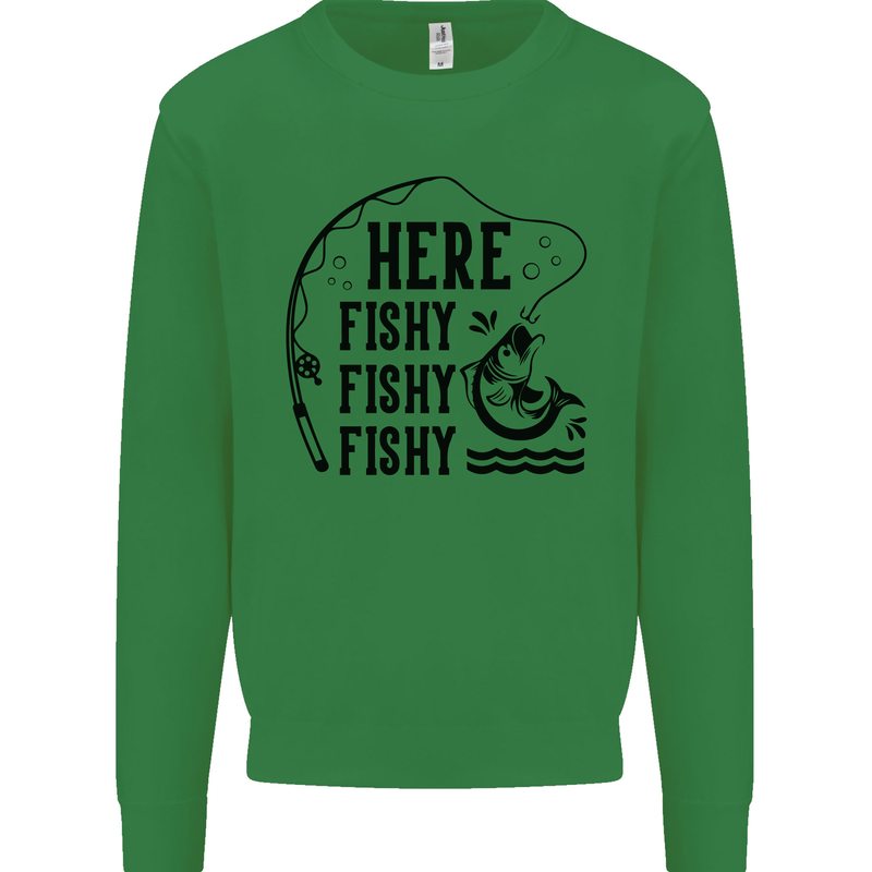 Here Fishy Fishy Funny Fishing Fisherman Kids Sweatshirt Jumper Irish Green