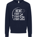 Here Fishy Fishy Funny Fishing Fisherman Kids Sweatshirt Jumper Navy Blue