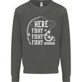 Here Fishy Fishy Funny Fishing Fisherman Kids Sweatshirt Jumper Storm Grey