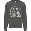Here Fishy Fishy Funny Fishing Fisherman Kids Sweatshirt Jumper Storm Grey