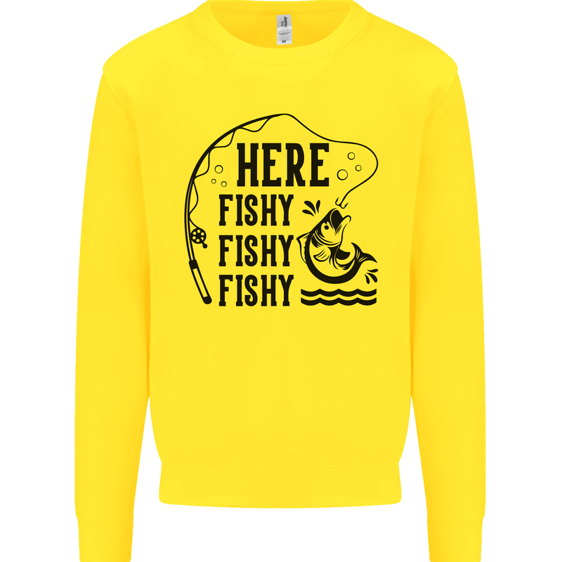 Here Fishy Fishy Funny Fishing Fisherman Kids Sweatshirt Jumper Yellow