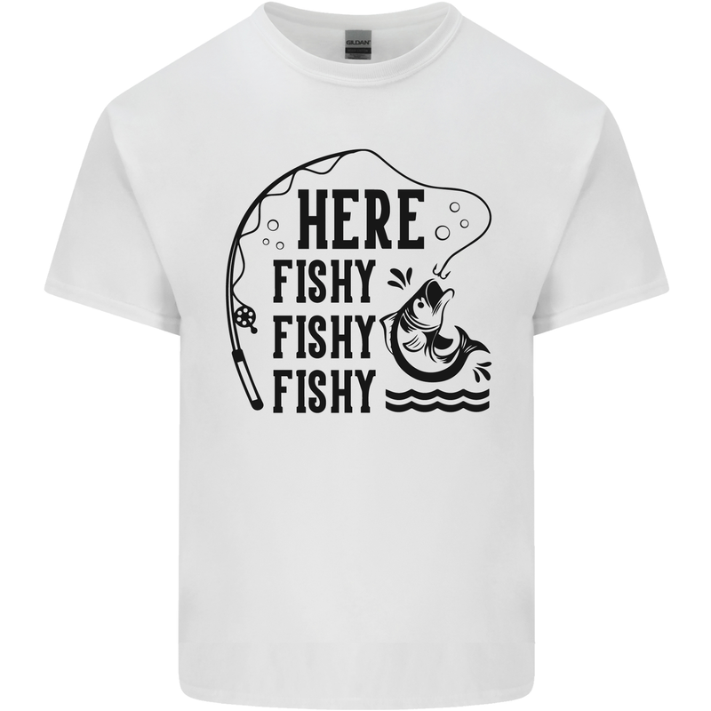 Here Fishy Fishy Funny Fishing Fisherman Kids T-Shirt Childrens White