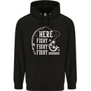 Here Fishy Fishy Funny Fishing Fisherman Mens 80% Cotton Hoodie Black