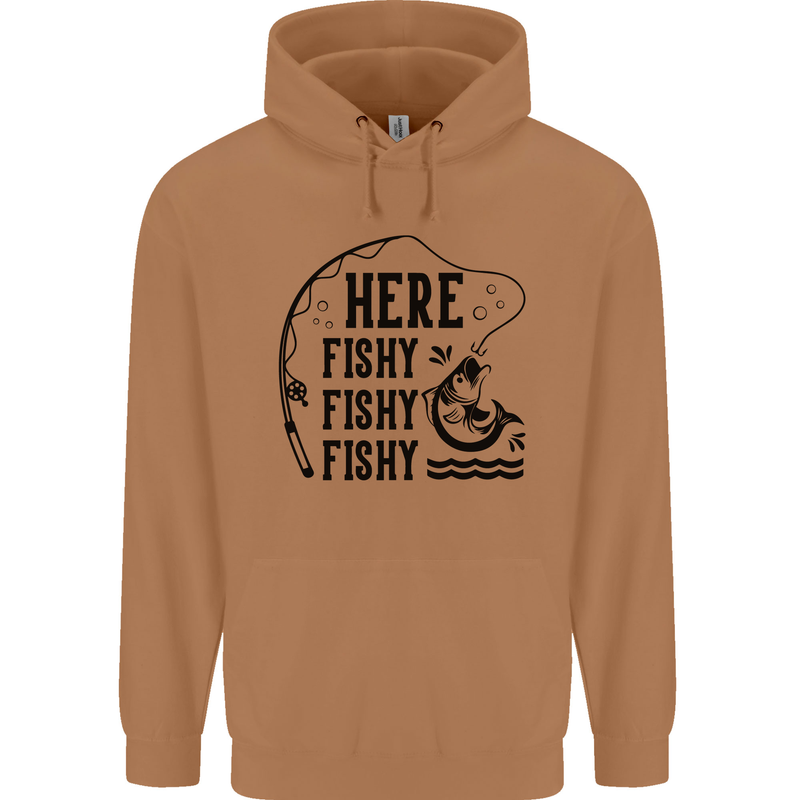 Here Fishy Fishy Funny Fishing Fisherman Mens 80% Cotton Hoodie Caramel Latte