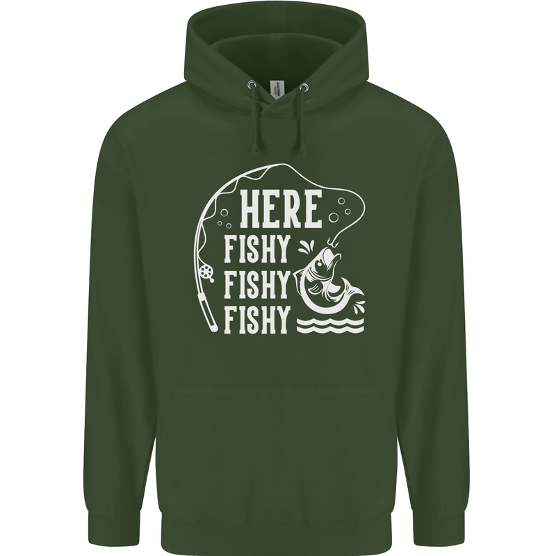 Here Fishy Fishy Funny Fishing Fisherman Mens 80% Cotton Hoodie Forest Green