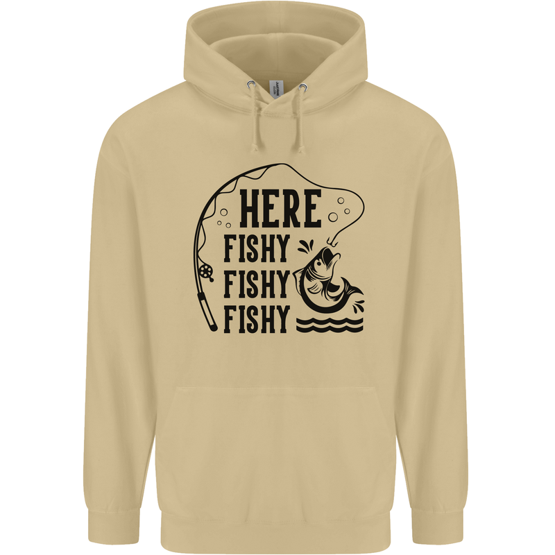 Here Fishy Fishy Funny Fishing Fisherman Mens 80% Cotton Hoodie Sand