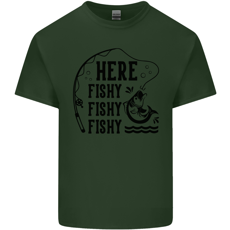 Here Fishy Fishy Funny Fishing Fisherman Mens Cotton T-Shirt Tee Top Forest Green