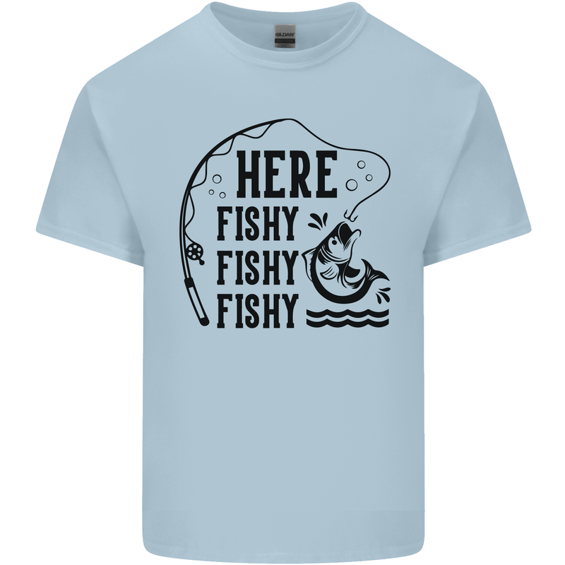 Here Fishy Fishy Funny Fishing Fisherman Mens Cotton T-Shirt Tee Top Light Blue