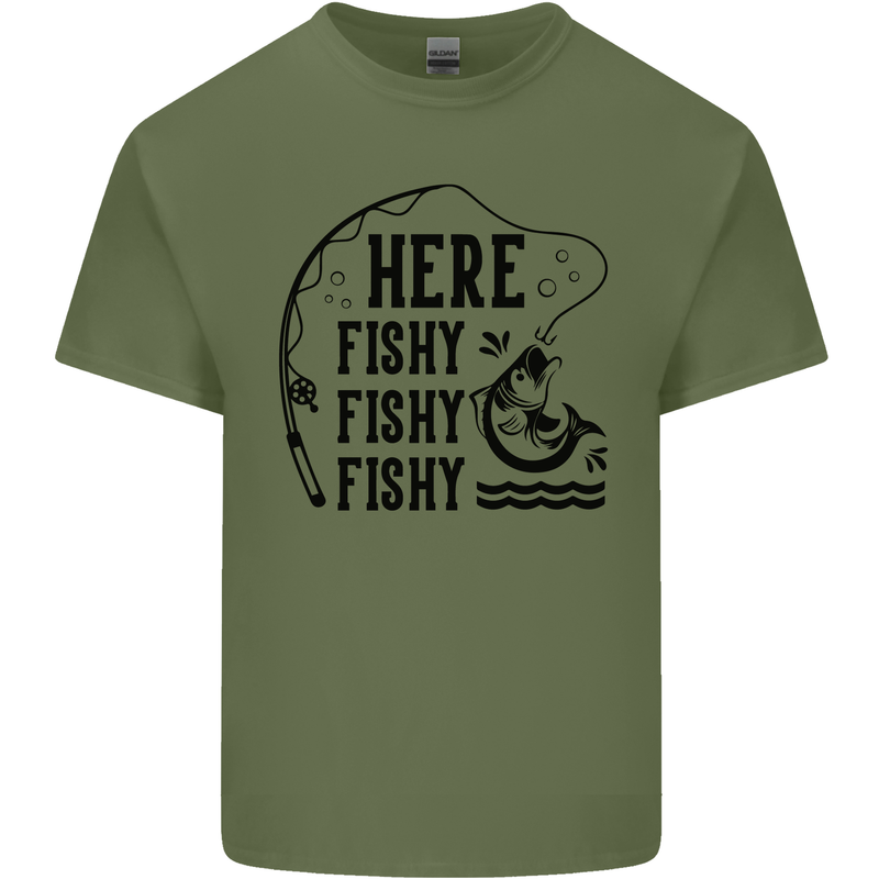 Here Fishy Fishy Funny Fishing Fisherman Mens Cotton T-Shirt Tee Top Military Green