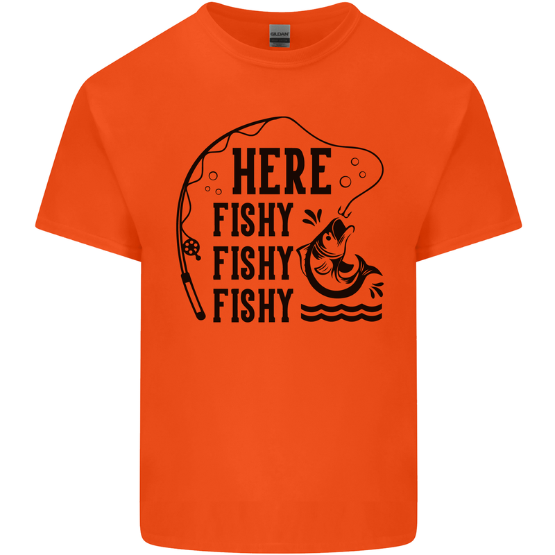 Here Fishy Fishy Funny Fishing Fisherman Mens Cotton T-Shirt Tee Top Orange