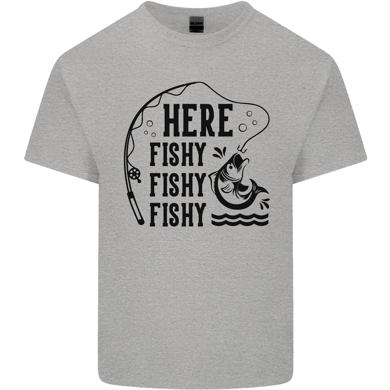 Here Fishy Fishy Funny Fishing Fisherman Mens Cotton T-Shirt Tee Top Sports Grey