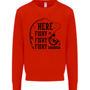 Here Fishy Fishy Funny Fishing Fisherman Mens Sweatshirt Jumper Bright Red