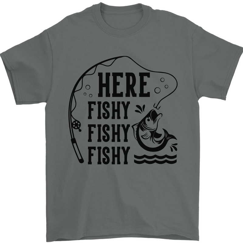 Here Fishy Fishy Funny Fishing Fisherman Mens T-Shirt Cotton Gildan Charcoal