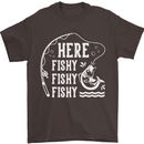 Here Fishy Fishy Funny Fishing Fisherman Mens T-Shirt Cotton Gildan Dark Chocolate
