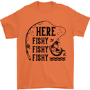 Here Fishy Fishy Funny Fishing Fisherman Mens T-Shirt Cotton Gildan Orange