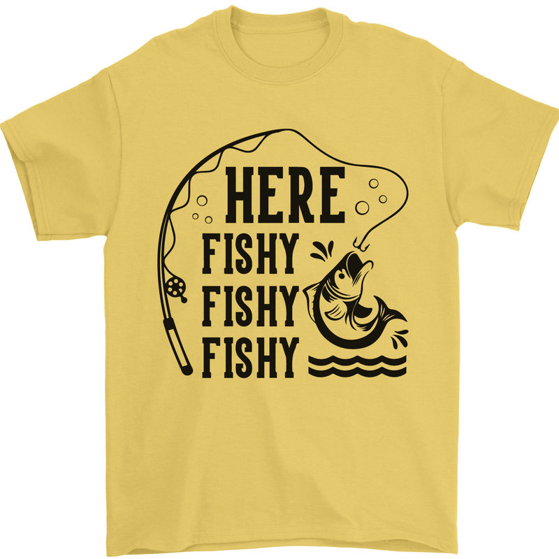 Here Fishy Fishy Funny Fishing Fisherman Mens T-Shirt Cotton Gildan Yellow