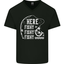 Here Fishy Fishy Funny Fishing Fisherman Mens V-Neck Cotton T-Shirt Black