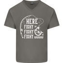 Here Fishy Fishy Funny Fishing Fisherman Mens V-Neck Cotton T-Shirt Charcoal