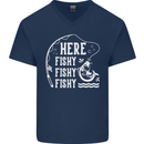 Here Fishy Fishy Funny Fishing Fisherman Mens V-Neck Cotton T-Shirt Navy Blue