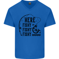 Here Fishy Fishy Funny Fishing Fisherman Mens V-Neck Cotton T-Shirt Royal Blue